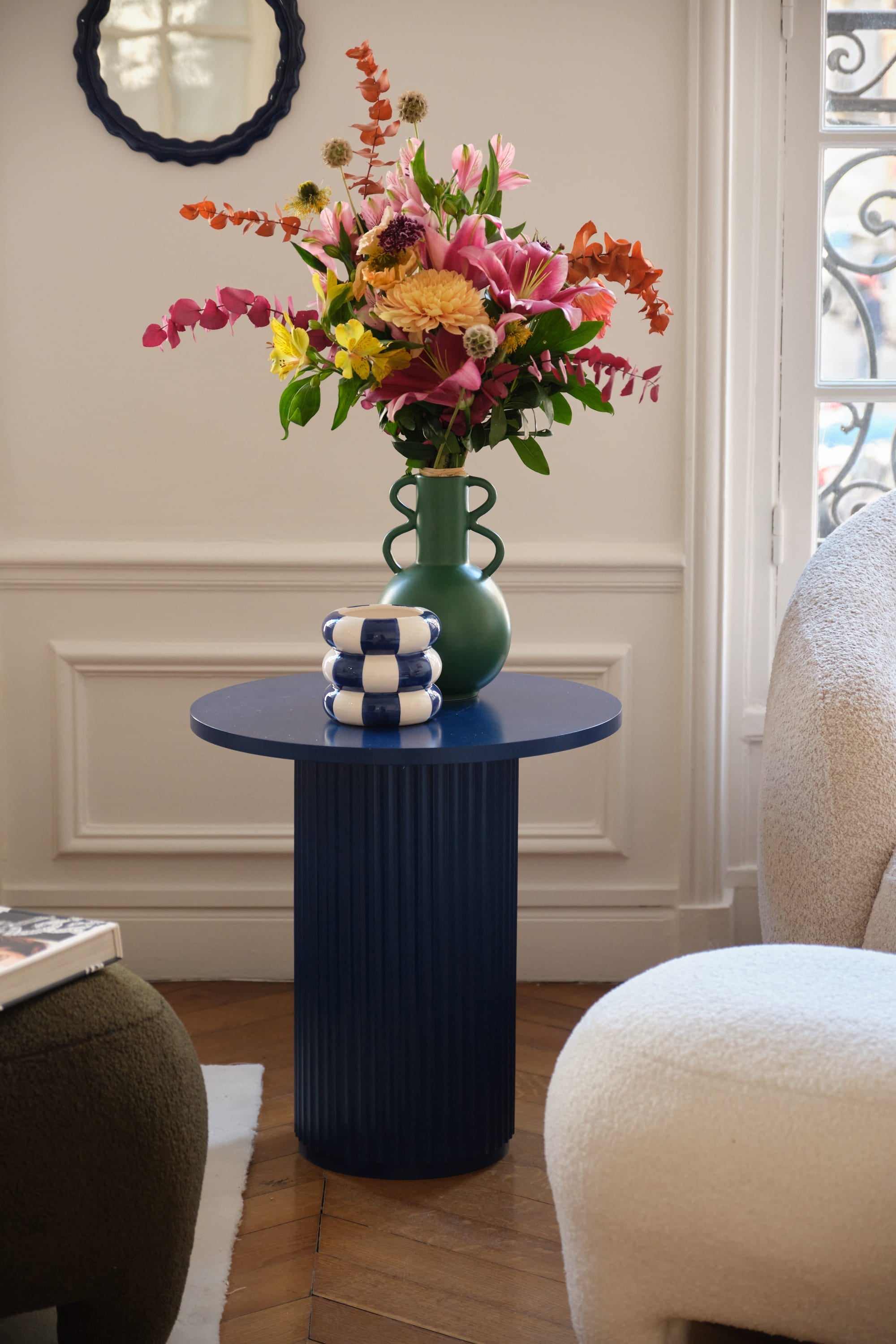 Berlin - Cache-pot de fleurs bouée rayé bleu en céramique