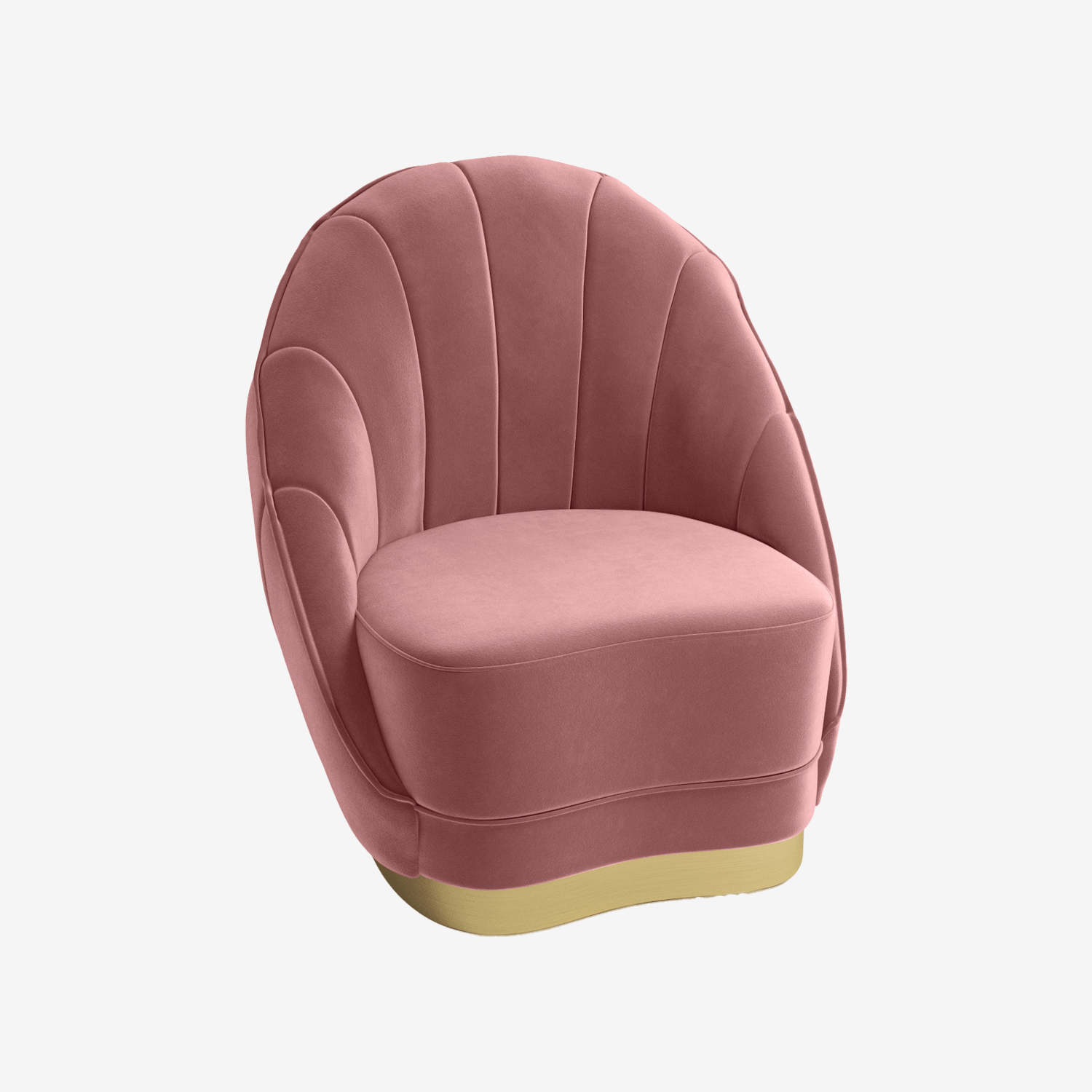 Fauteuil en velours rose vintage, base cerclage doré effet laiton