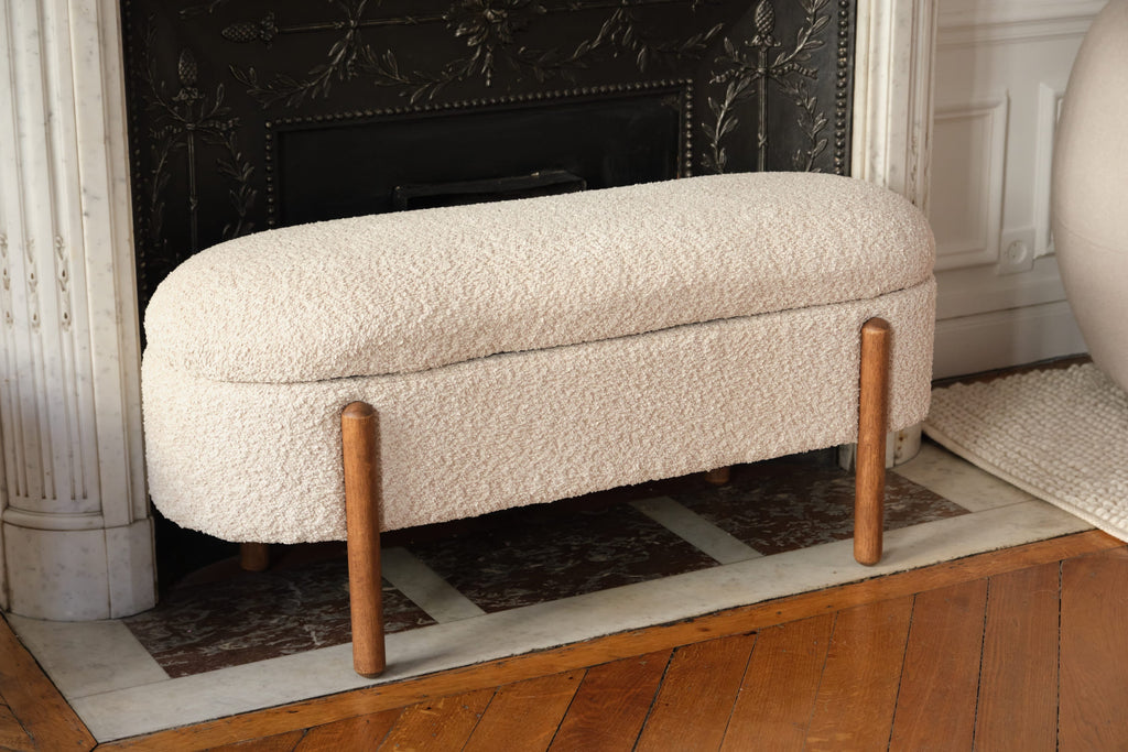 Marianne – Banc coffre de rangement en tissu bouclé crème