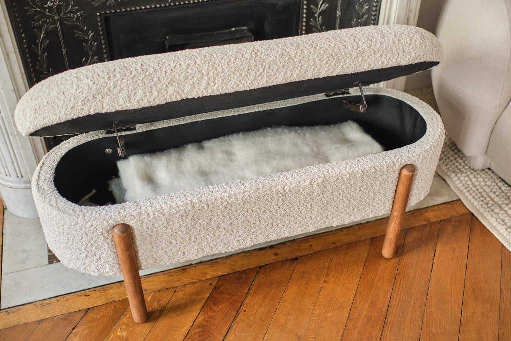 Marianne – Banc coffre de rangement en tissu bouclé crème