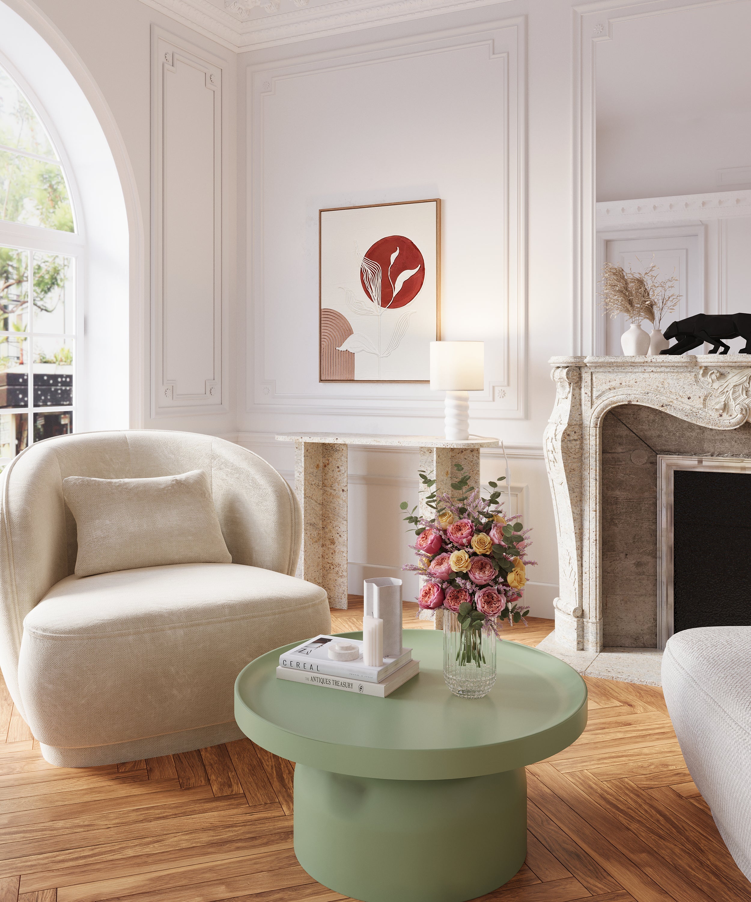 Fauteuil design en velours vintage crème Pablo
