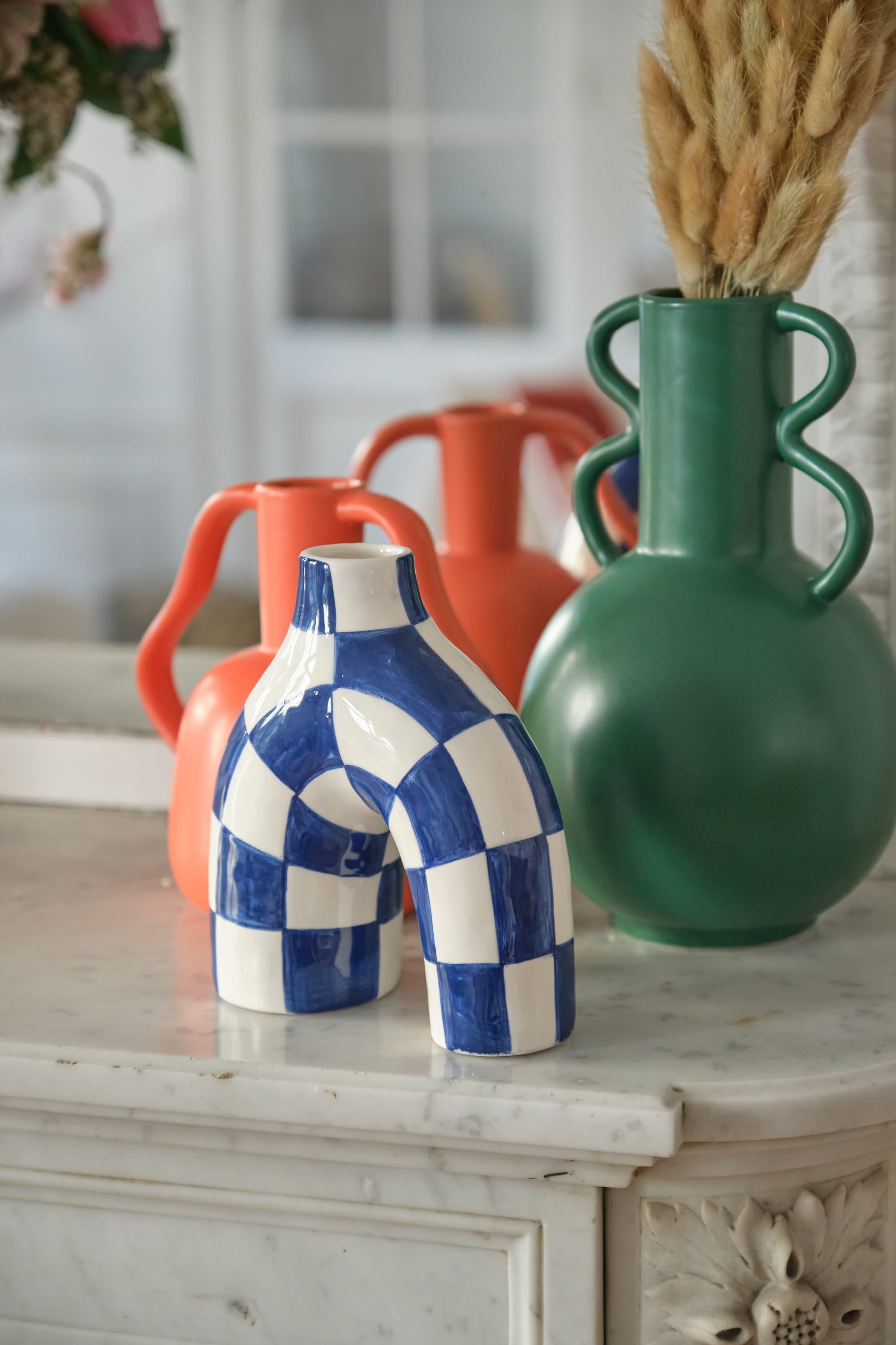 Phoenix - Vase art moderne à damier bleu marine
