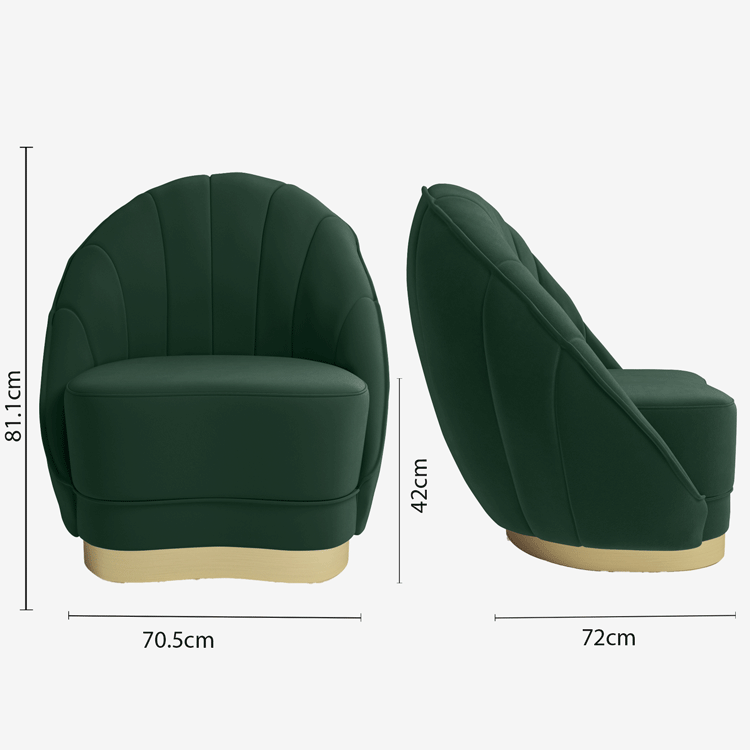 Fauteuil en velours vert sapin, base cerclage doré effet laiton