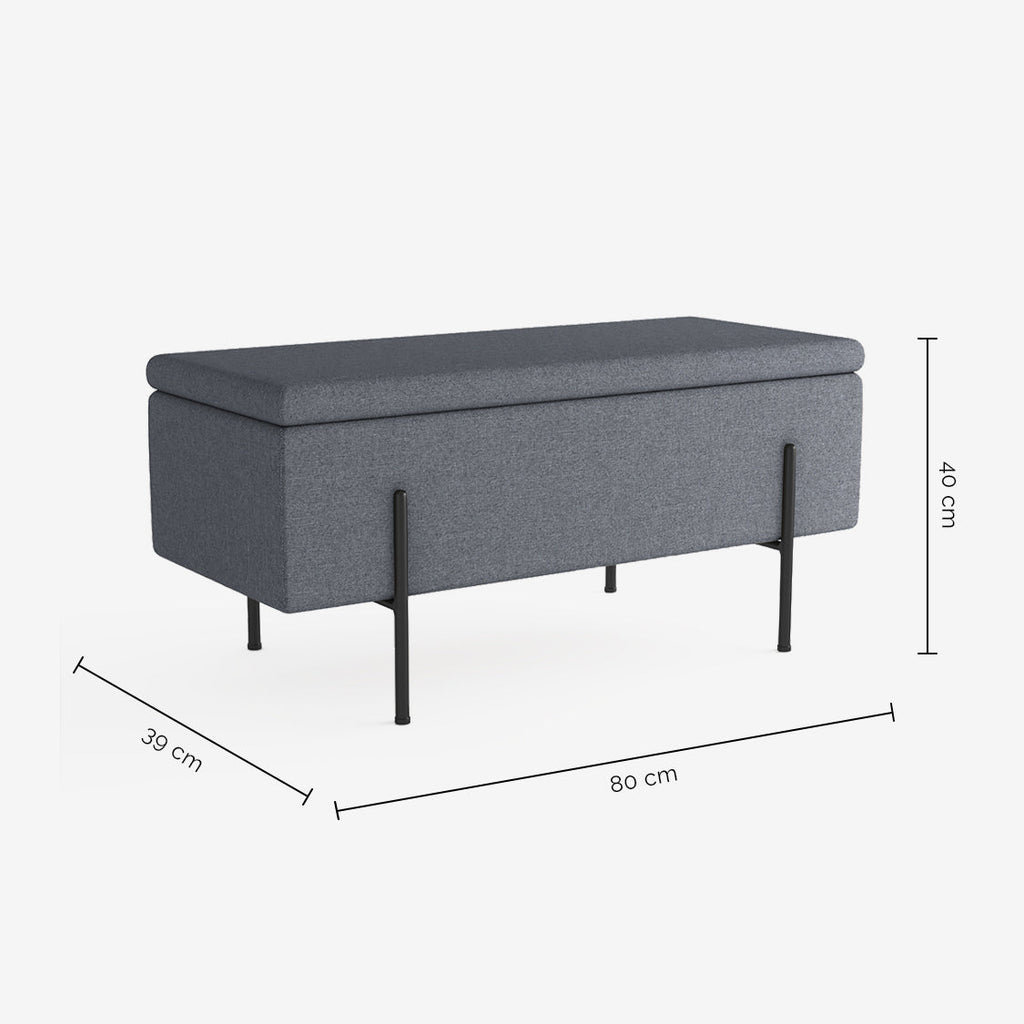 Banquette-coffre gris foncé en bois, métal et tissu
