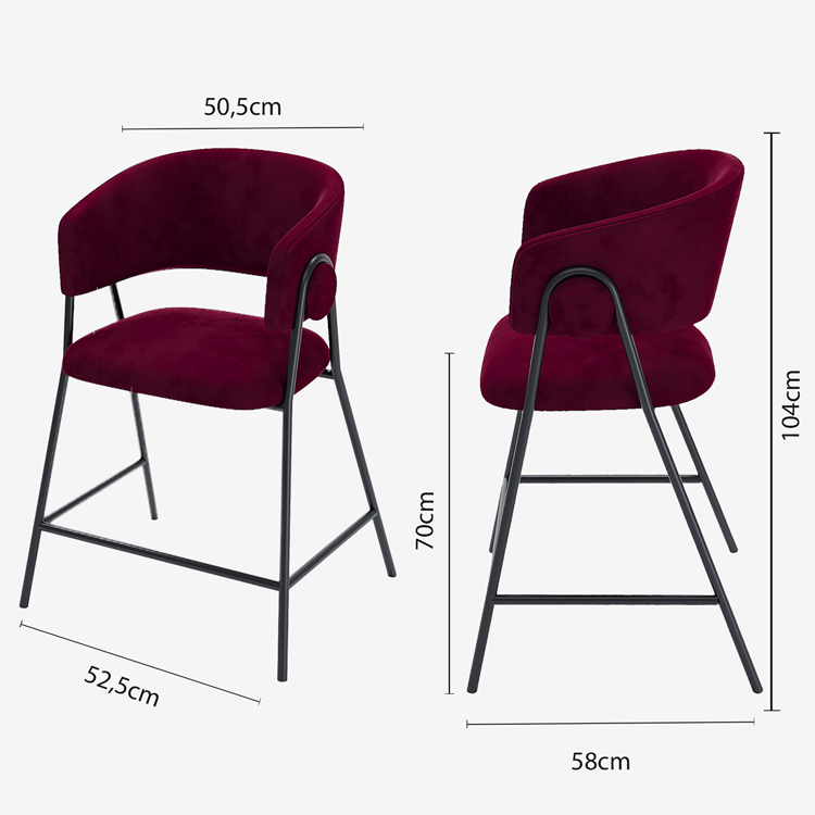 Lot de 2 tabourets de bar avec dossier, velours bordeaux Bonnie