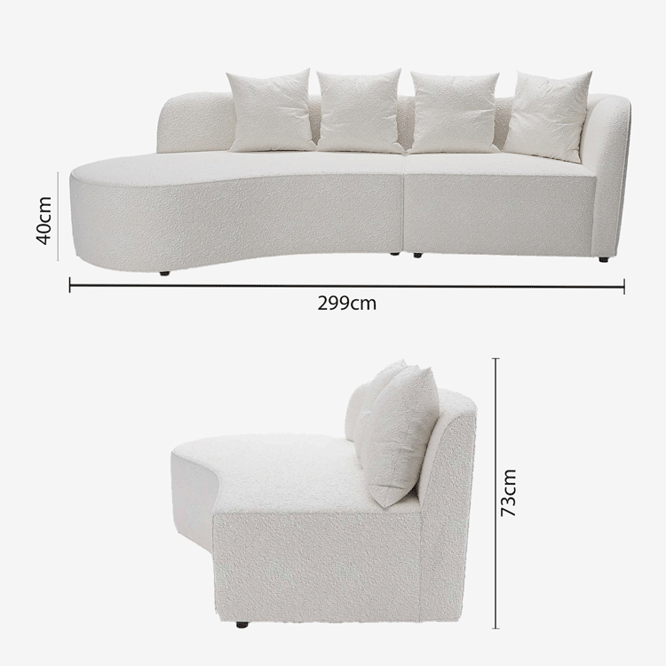Canapé sectionnel incurvé 3-4 places en tissu bouclé blanc Alba