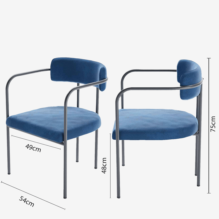 Chaise de salle à manger tapissée avec accoudoirs, velours bleu, Barbara