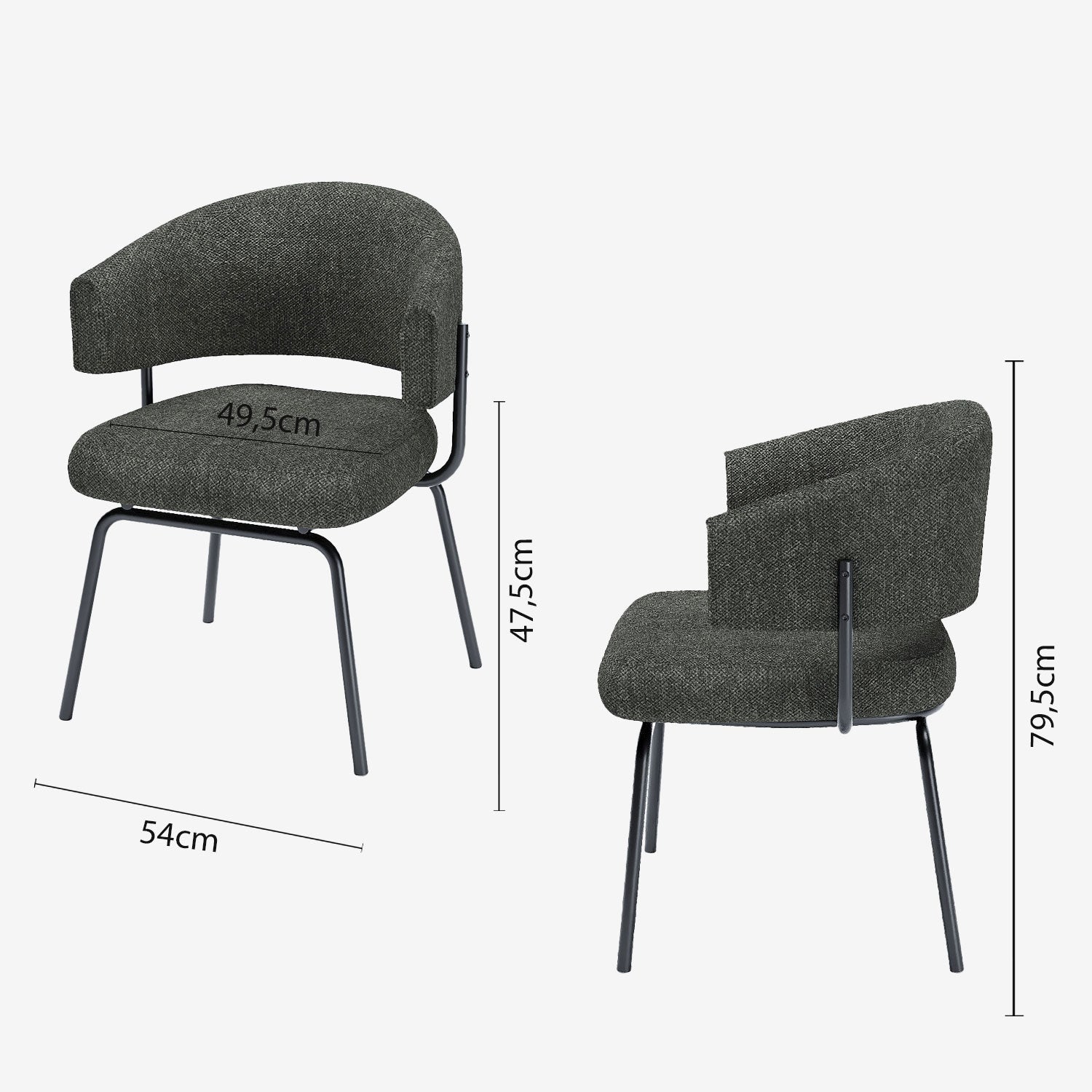 Lot de 2 chaises avec accoudoir tendance en tissu chenille gris-anthracite Silva