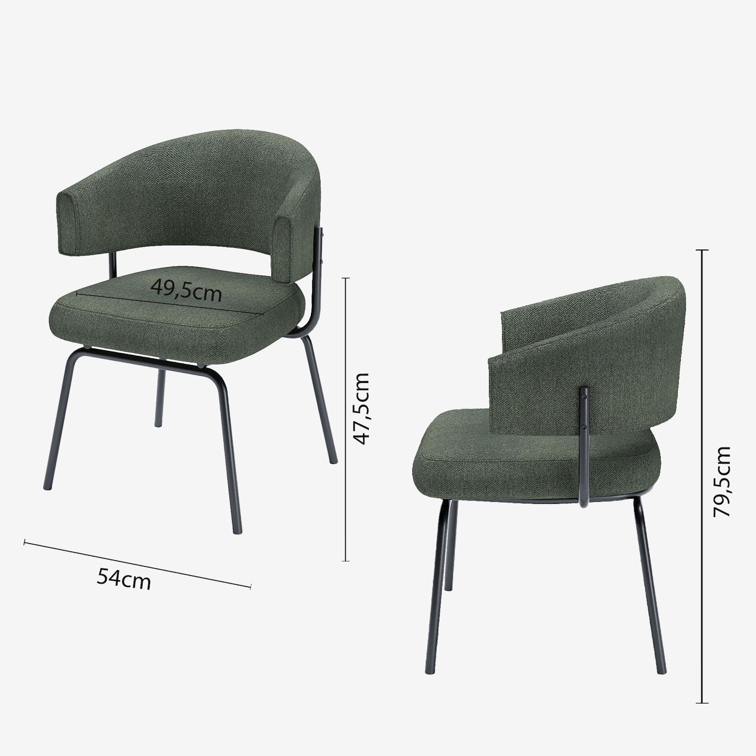 Lot de 2 chaises avec accoudoir tendance en tissu chenille vert Silva