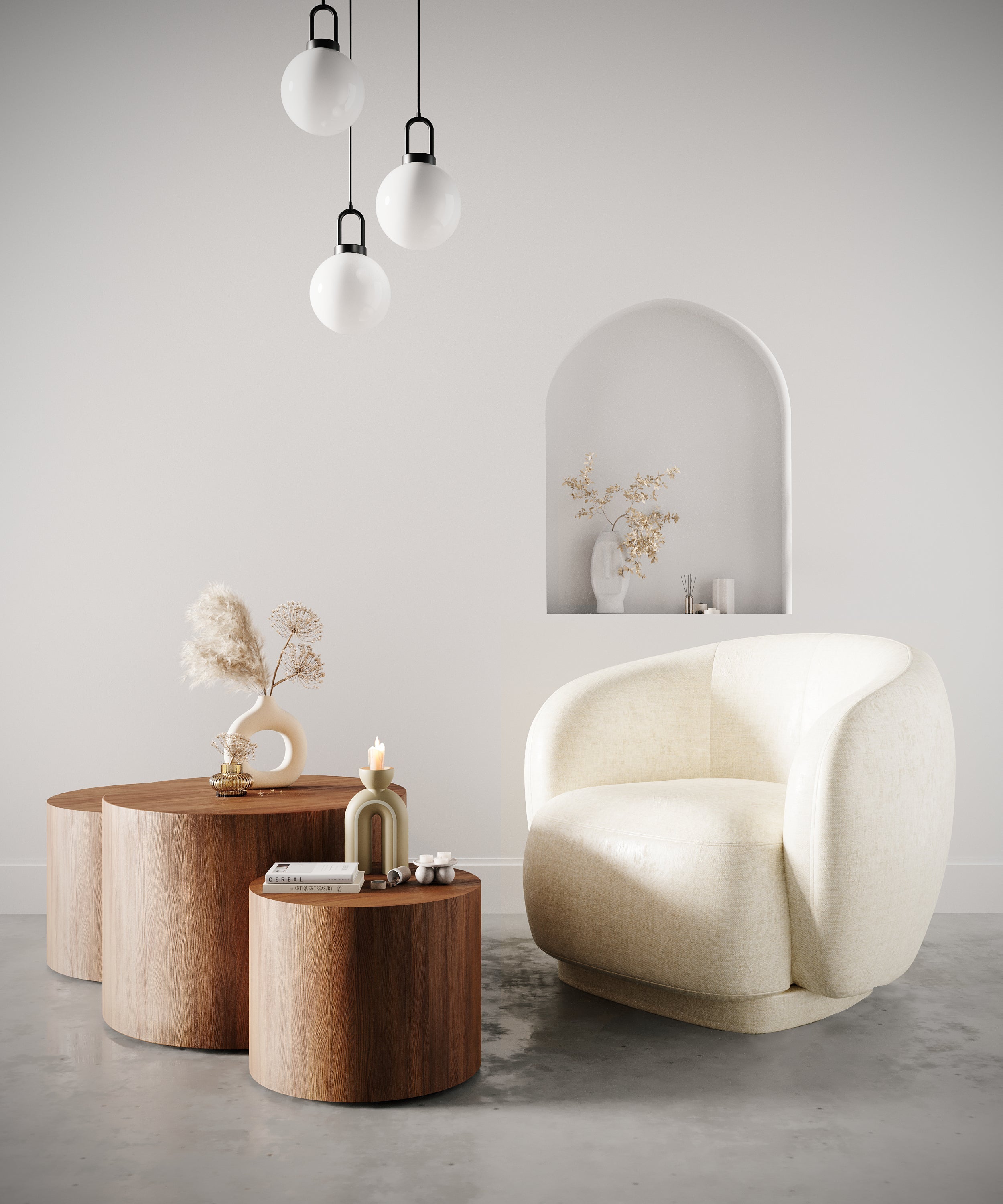 Fauteuil design demi-tonneau en velours vintage crème Victoria