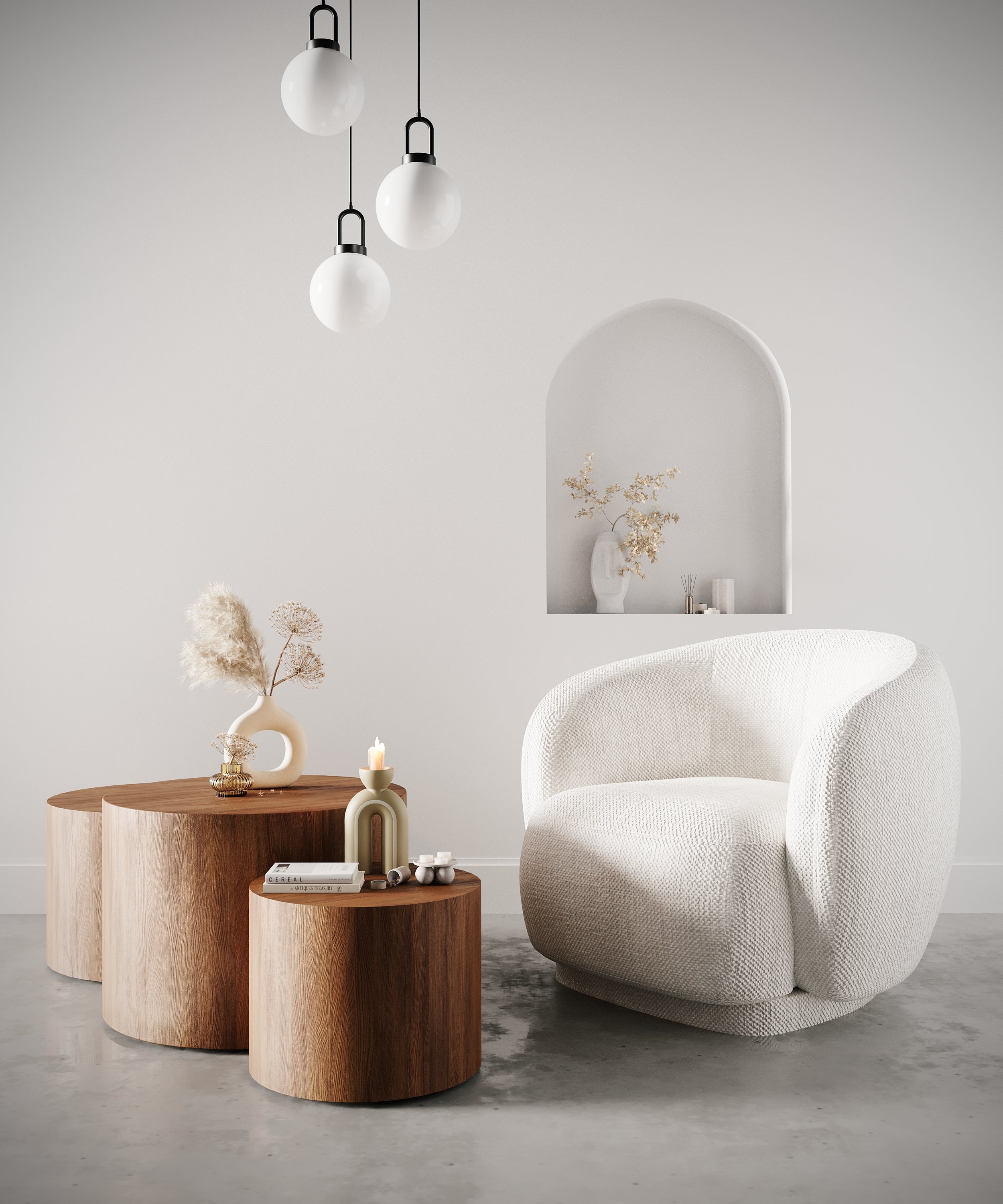 Fauteuil design demi-tonneau tissu chenille blanc Victoria