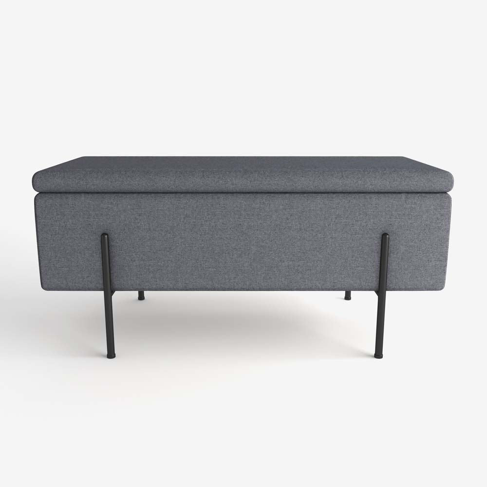 Banquette-coffre gris foncé en bois, métal et tissu