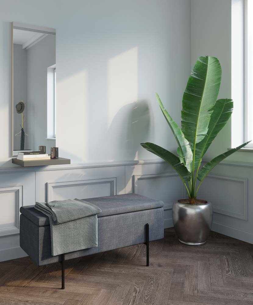 Banquette-coffre gris foncé en bois, métal et tissu
