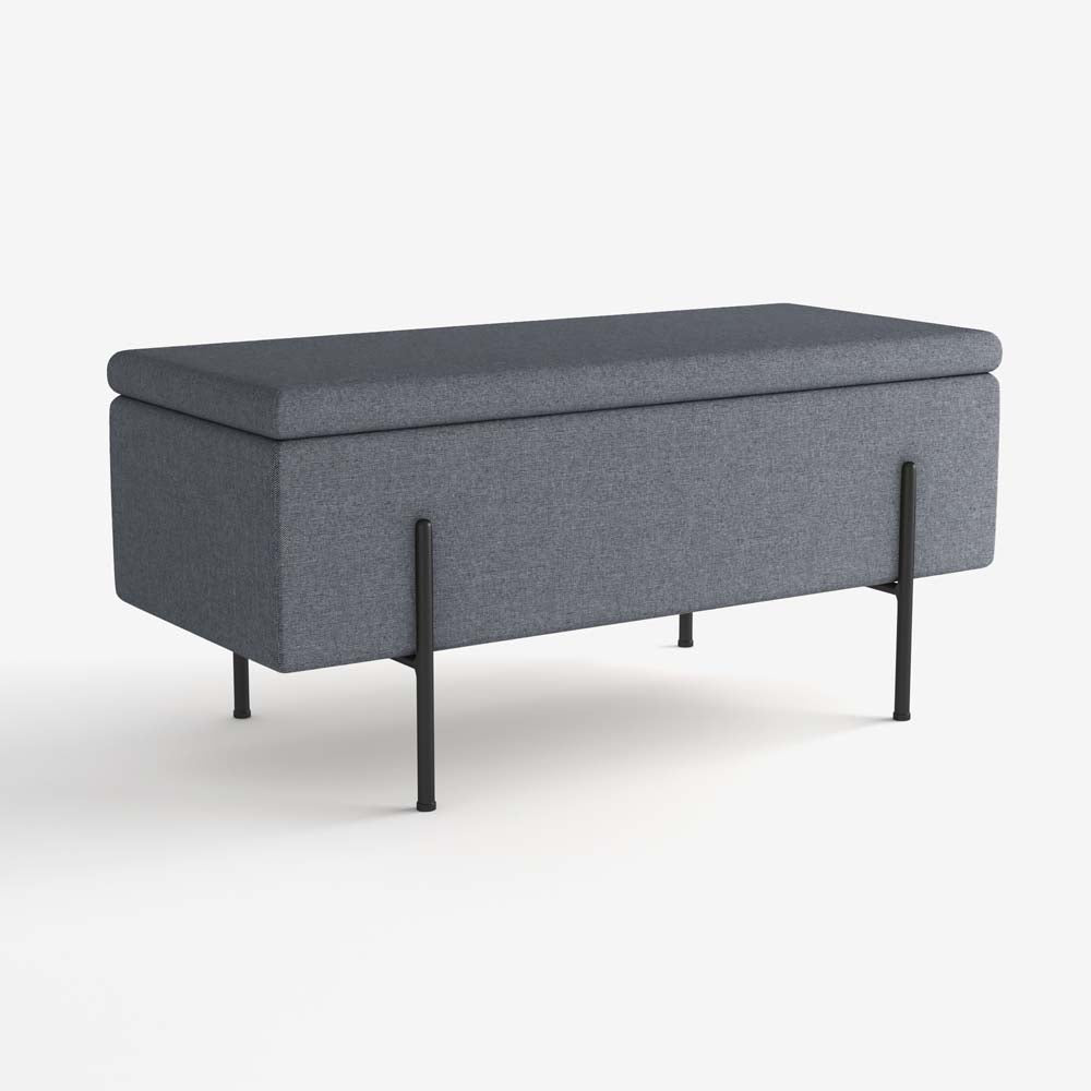 Banquette-coffre gris foncé en bois, métal et tissu