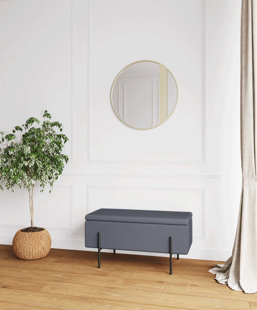 Banquette-coffre gris foncé en bois, métal et tissu