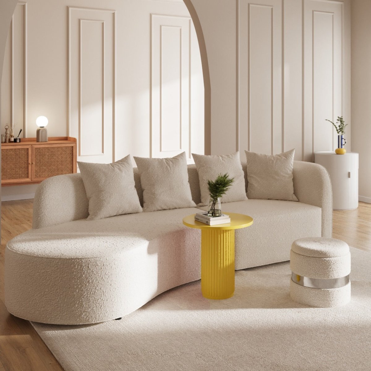 Canapé sectionnel incurvé 3-4 places en tissu bouclé blanc Alba