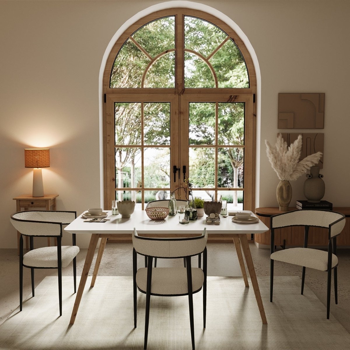 Chaise de salle à manger design dossier arrondi bouclette blanche Aurore