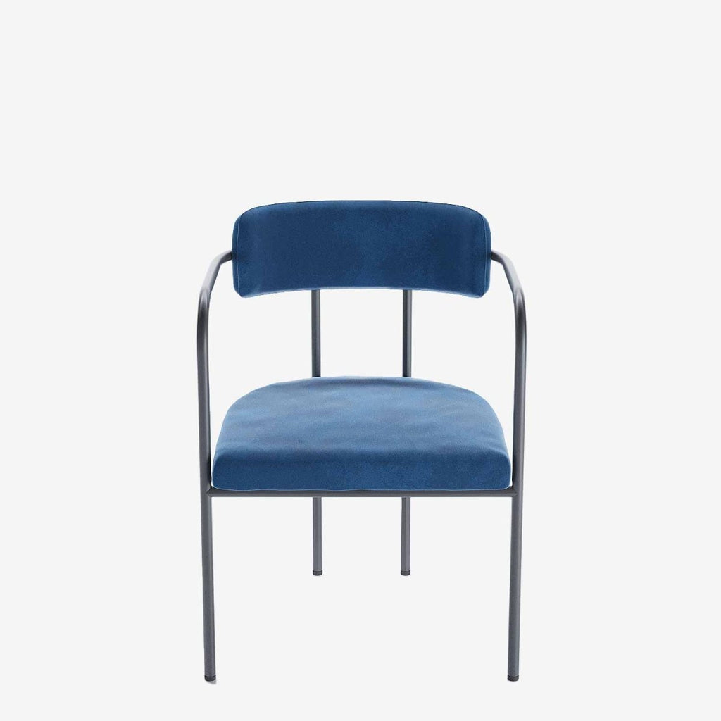 Chaise de salle à manger tapissée avec accoudoirs, velours bleu, Barbara