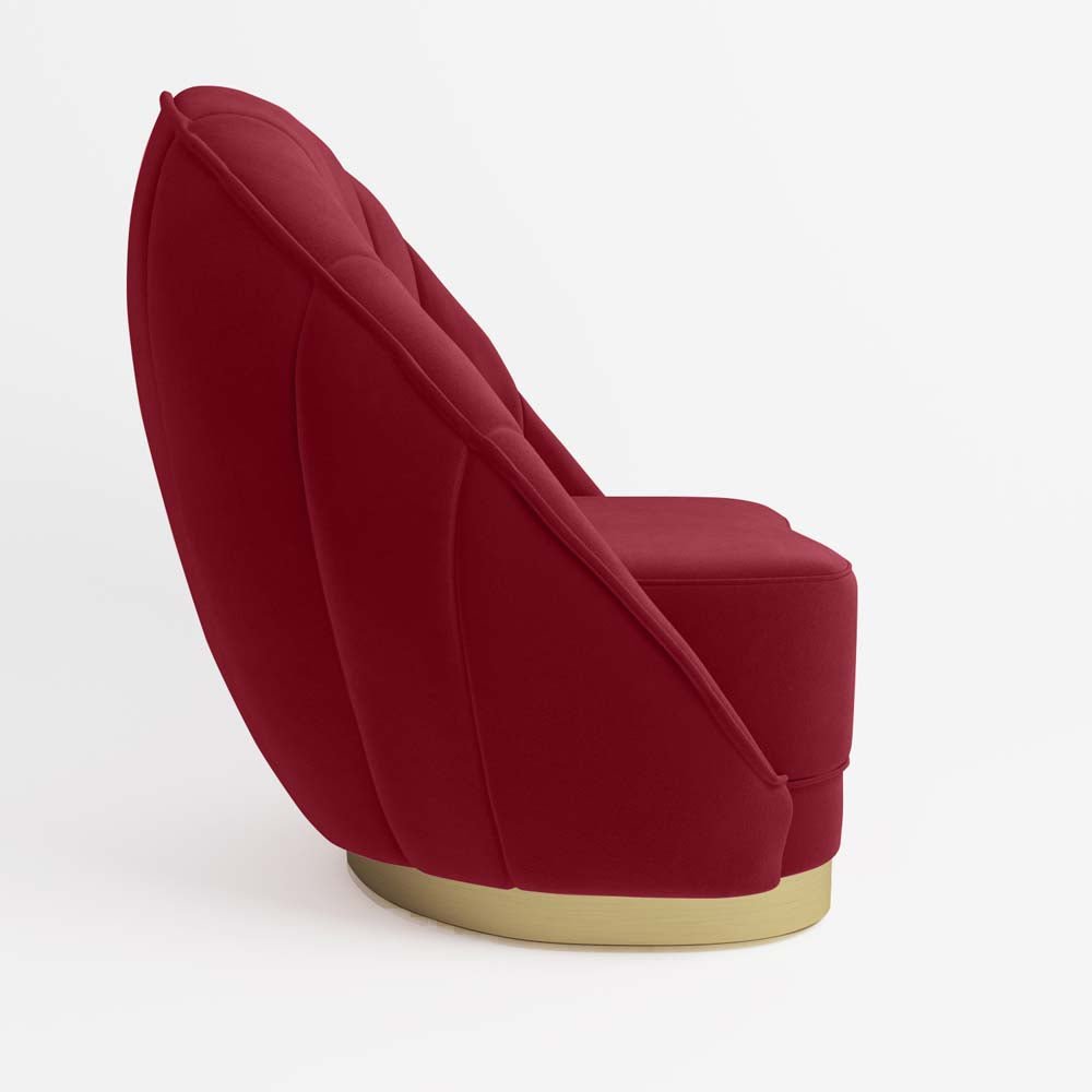 Fauteuil en velours bordeaux, base cerclage doré effet laiton