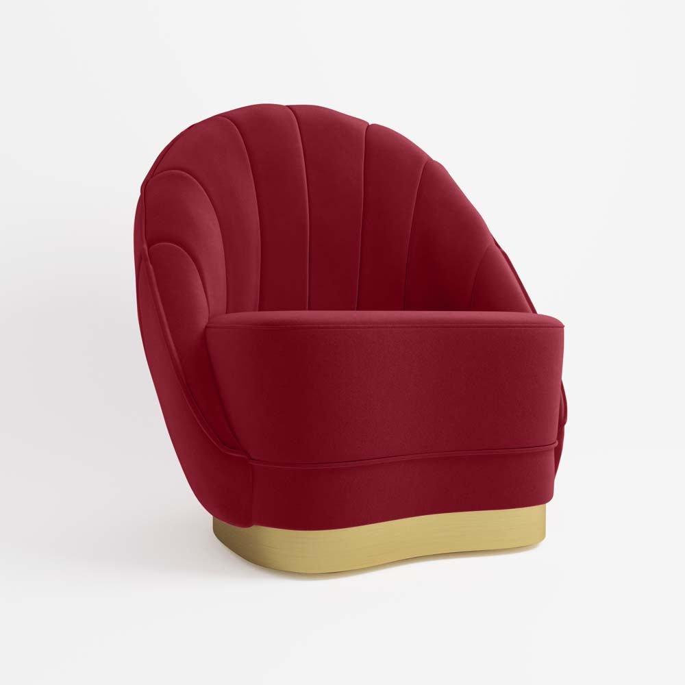 Fauteuil en velours bordeaux, base cerclage doré effet laiton