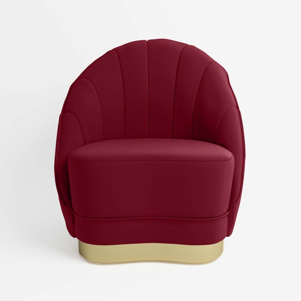 Fauteuil en velours bordeaux, base cerclage doré effet laiton