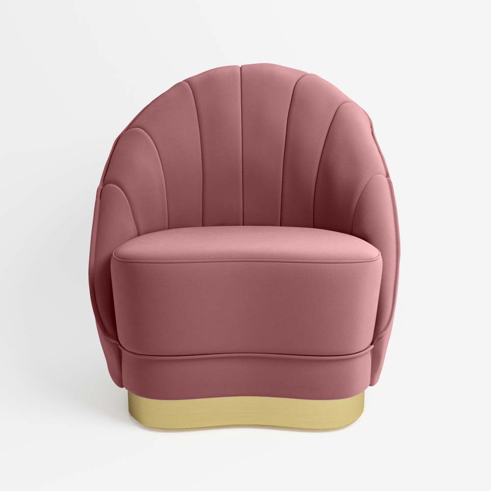 Fauteuil en velours rose vintage, base cerclage doré effet laiton