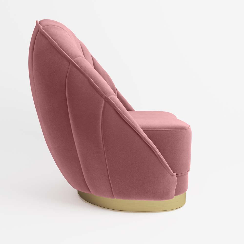 Fauteuil en velours rose vintage, base cerclage doré effet laiton