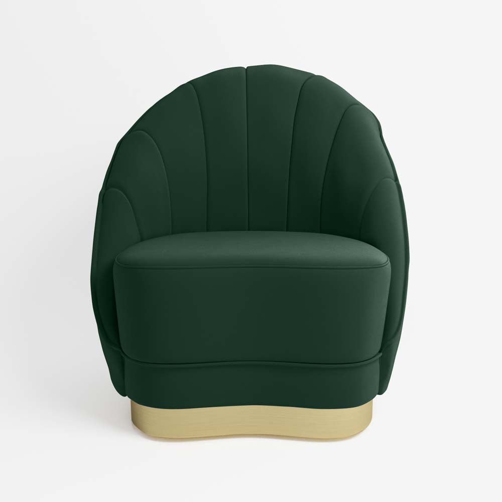 Fauteuil en velours vert sapin, base cerclage doré effet laiton