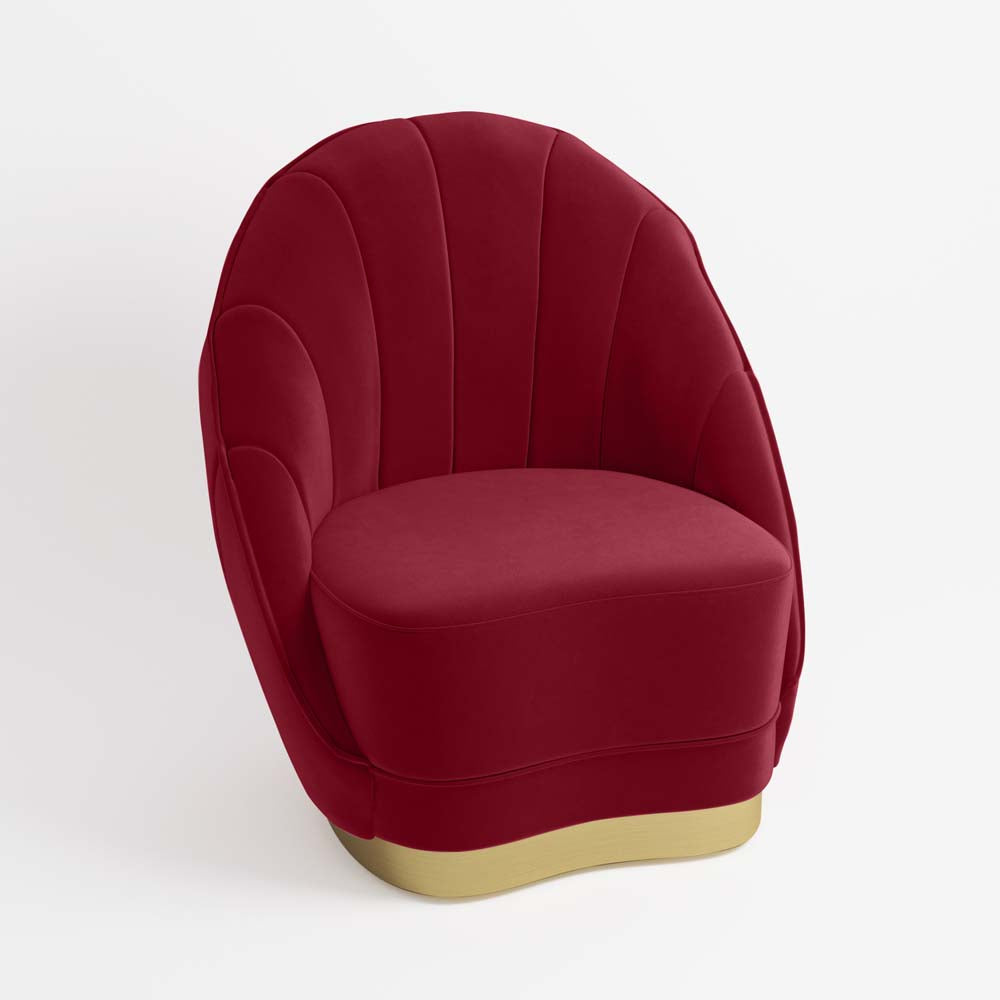 Fauteuil en velours bordeaux, base cerclage doré effet laiton