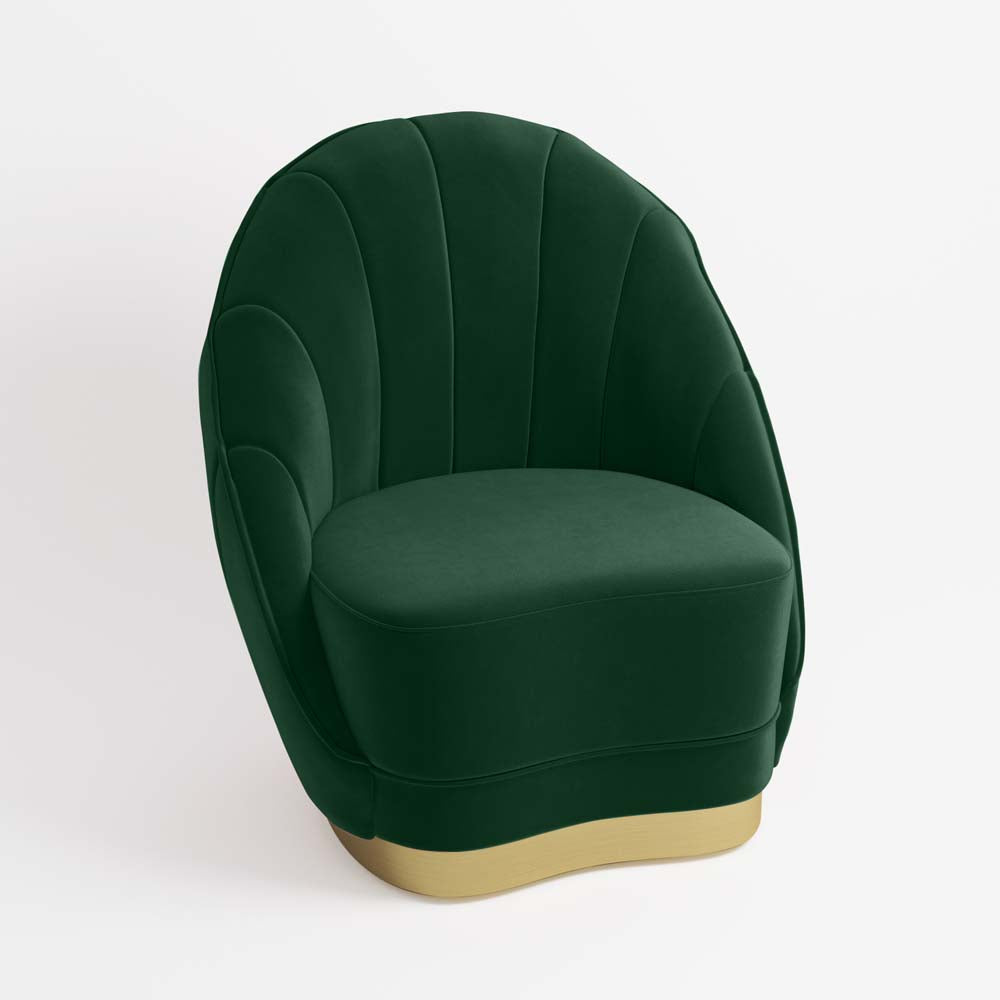 Fauteuil en velours vert sapin, base cerclage doré effet laiton