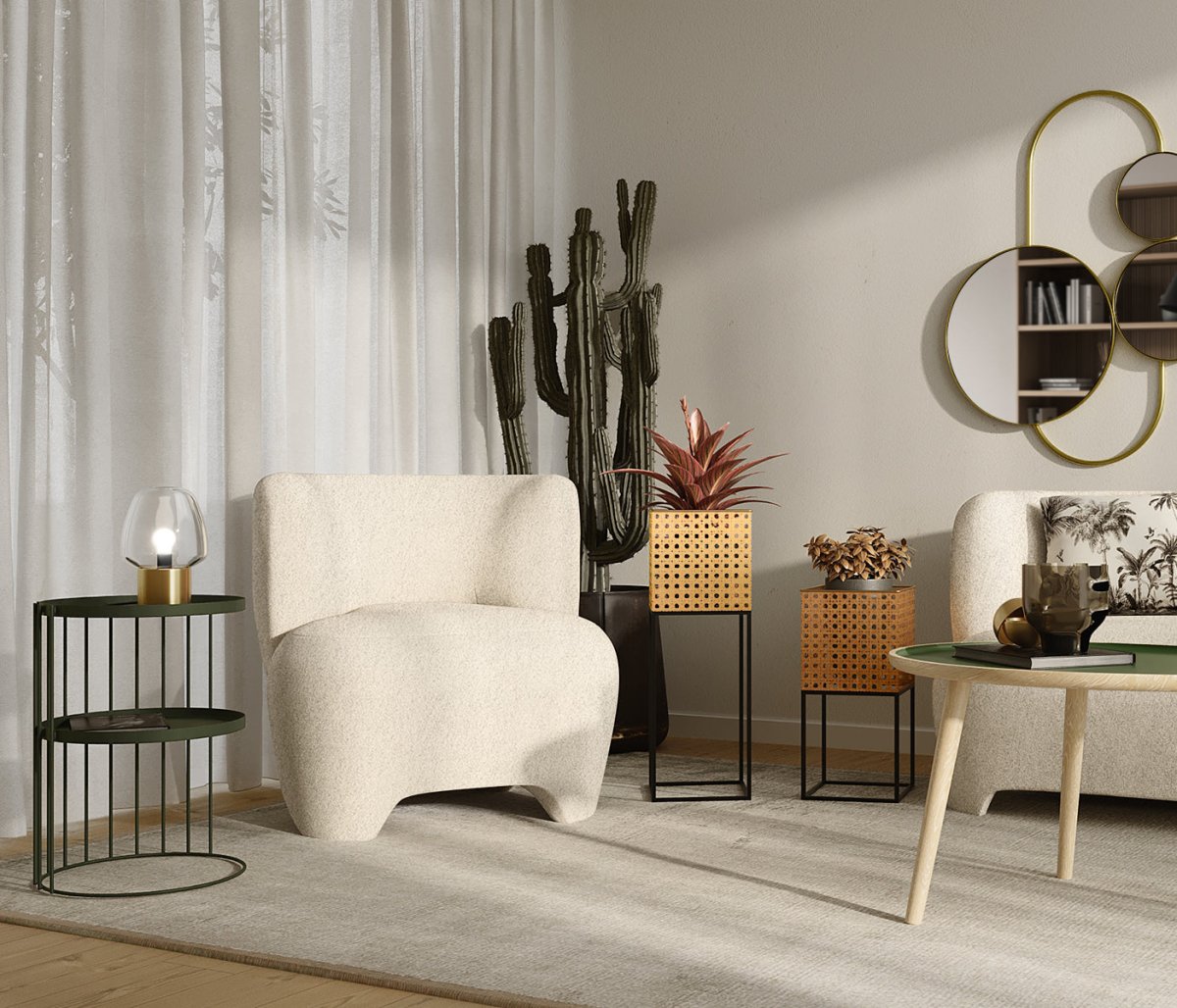 Fauteuil en laine bouclée écrue