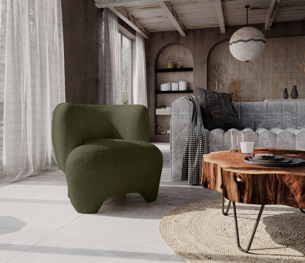Fauteuil en laine bouclée vert kaki