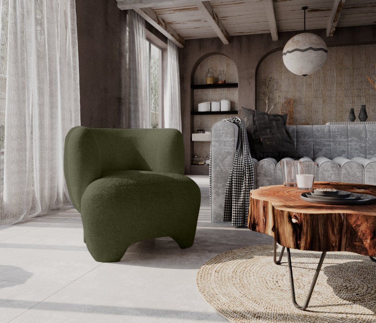 Fauteuil en laine bouclée vert kaki