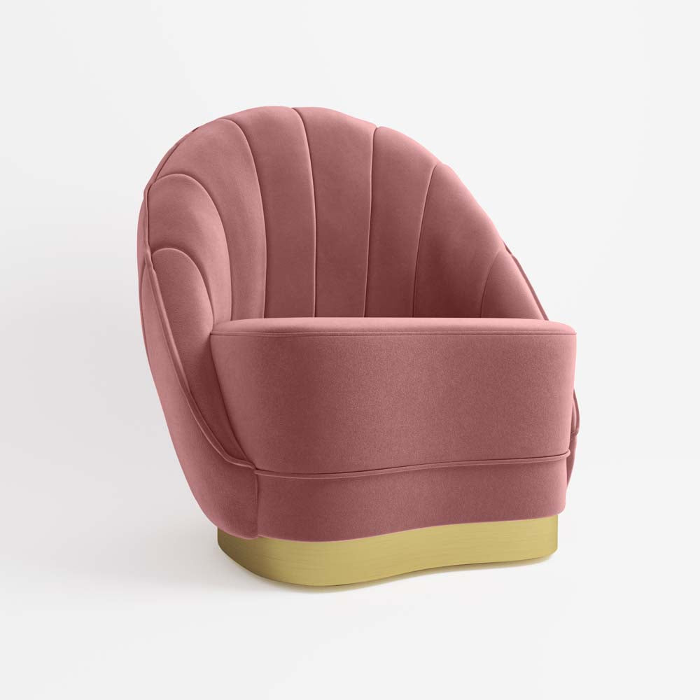 Fauteuil en velours rose vintage, base cerclage doré effet laiton