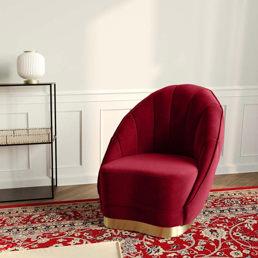 Fauteuil en velours bordeaux, base cerclage doré effet laiton
