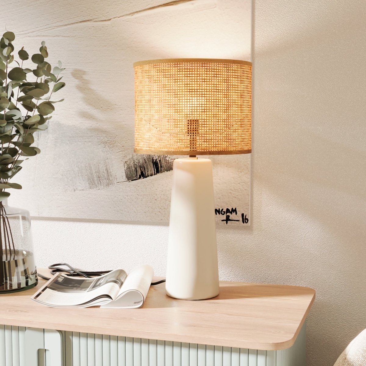 Lampe à poser en céramique blanche et rotin Van Gogh