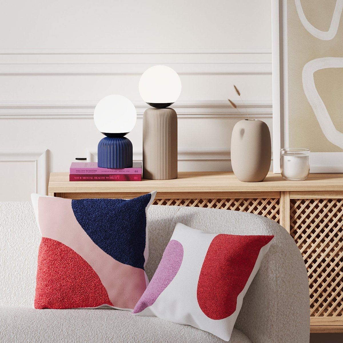 Lampe à poser en céramique bleue et globe en verre Renoir