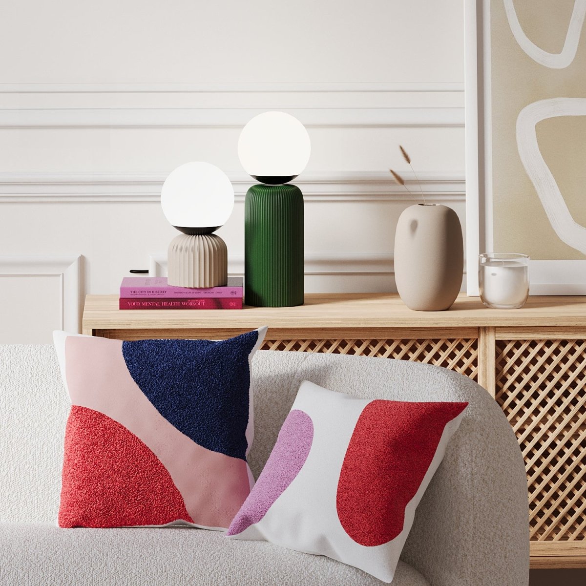 Lampe à poser en céramique crème et globe en verre Renoir