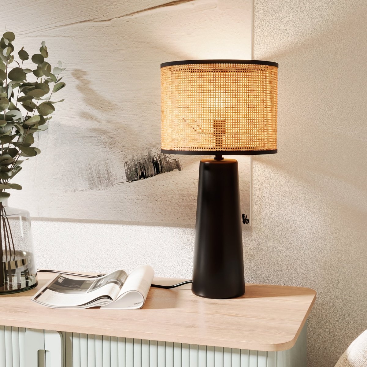 Lampe à poser en céramique noire et rotin Van Gogh