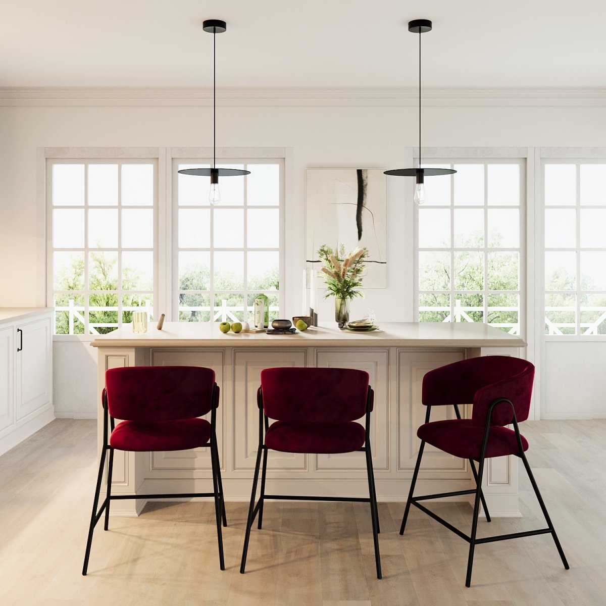Lot de 2 tabourets de bar avec dossier, velours bordeaux Bonnie