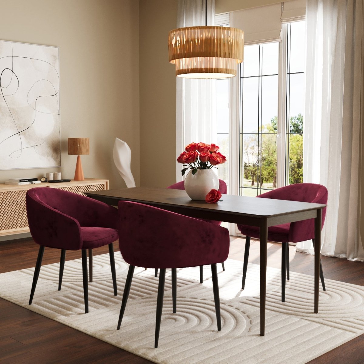 Paire de fauteuils de table design en velours bordeaux Eugénie