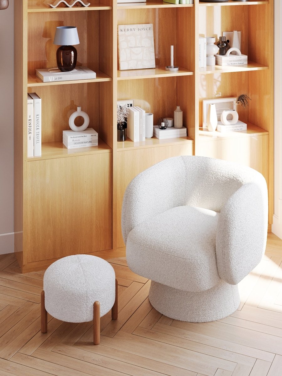 Pouf laine bouclée blanche & bois Camélia