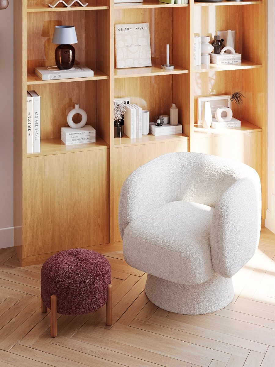 Pouf laine bouclée rose & bois Camélia