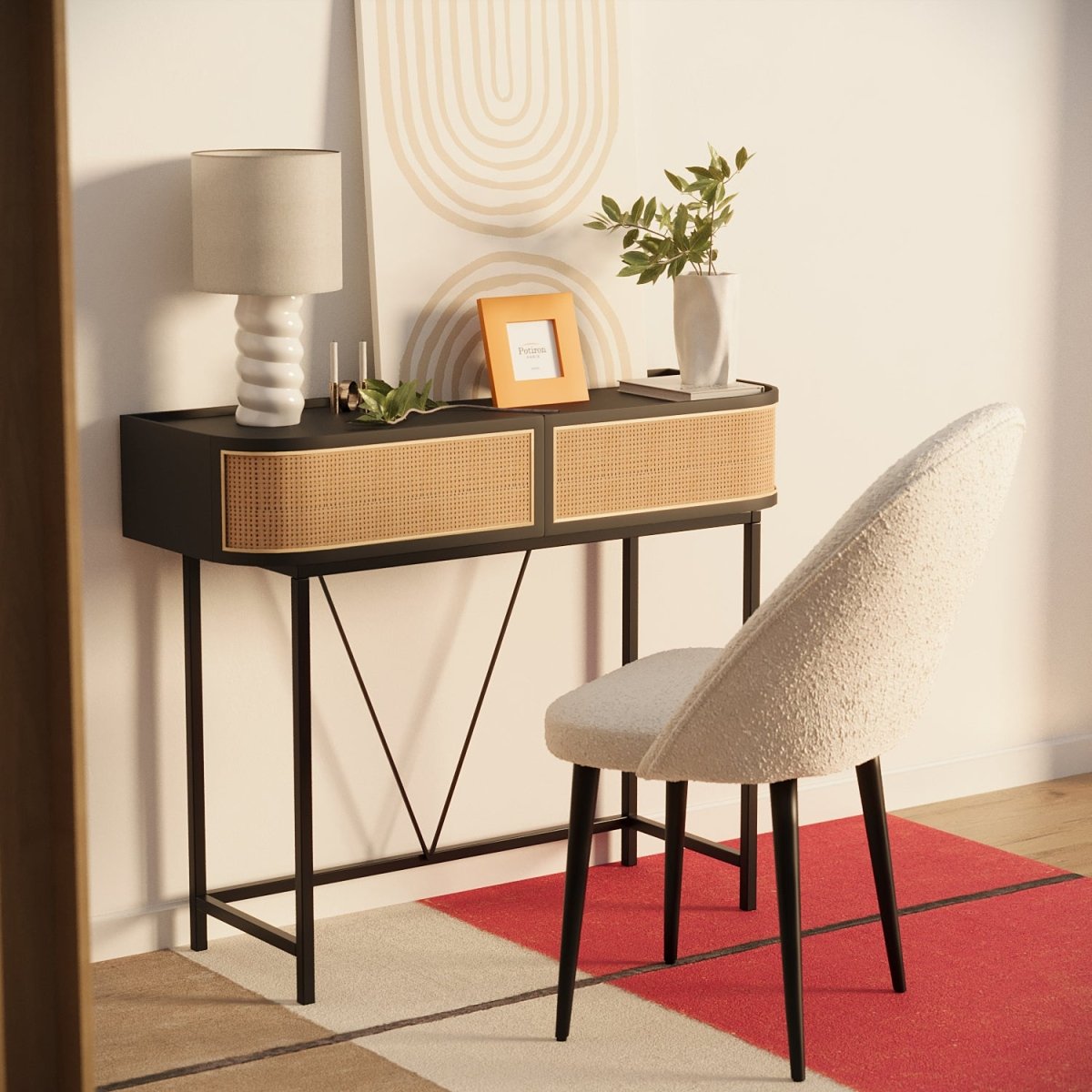 Table console noire avec tiroirs rotin tressé, Daphné